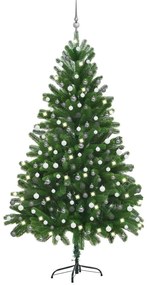 Albero di Natale Preilluminato con Palline Verde, Albero di Natale Preilluminato con Palline Verde 210 cm