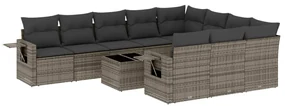 Set divani da giardino 11 pz con cuscini in polyrattan grigio