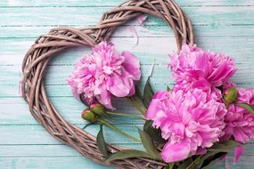 Stampa su tela – Peonie su cuore di legno
