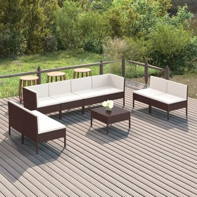 Set divani da giardino 9 pz con cuscini in polyrattan marrone