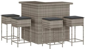 Set bar da giardino 5 pz con cuscini in polyrattan grigio