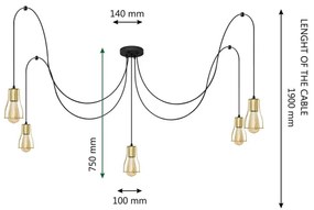 Lampadario a sospensione con filo TUBE 5xE27/15W/230V ragno nero/oro