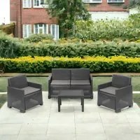 Set salotto da esterno Dbagnolin, Composizione da giardino con 2 poltrone, 1 divano e 1 tavolino, Effetto rattan con cuscini, 100% Made in Italy, Antracite