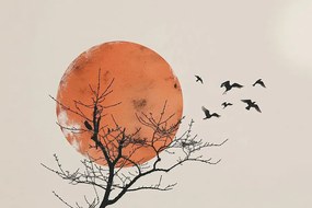 Quadro su tela – Japandi luna con stormo di uccelli