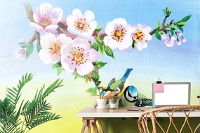 Carta da parati – Cinciallegre e fiori in fiore