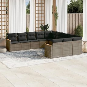 Set divani da giardino 11 pz con cuscini in polyrattan grigio