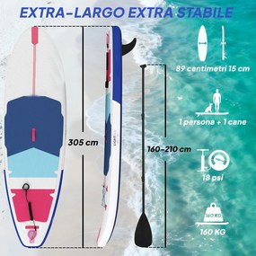 Tavola Sup Gonfiabile 305x89x15 cm con Sedile Pagaia e Accessori in Plastica ed EVA Blu Rosso Rosa...