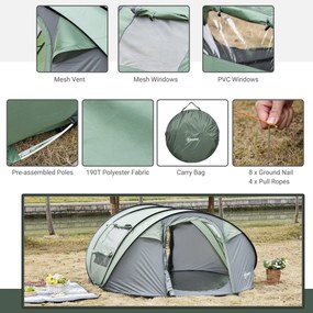 Tenda da Campeggio Pop Up 4-5 Persone 263,5x220x123 cm con Porte e Finestre Verde e Grigio...