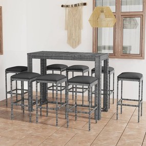 Set da Bar da Giardino 9 pz con Cuscini in Polyrattan Grigio