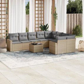 Set divano da giardino 10 pz con cuscini beige in polyrattan