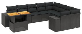 Set divani da giardino 10pz con cuscini in polyrattan nero