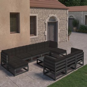 Set divani da giardino 11 pz con cuscini massello di pino nero