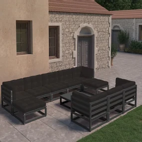 Set divani da giardino 11 pz con cuscini massello di pino nero