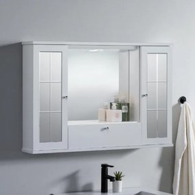 Specchiera mobile contenitore da bagno MERCURIO 80 bianco lucido a 2 ante con specchi e luce LED