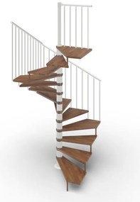 Scala a chiocciola a base quadrata Nara IRIS, con corrimano, larghezza 160 cm, struttura in acciaio bianco, gradini in legno faggio, colore noce