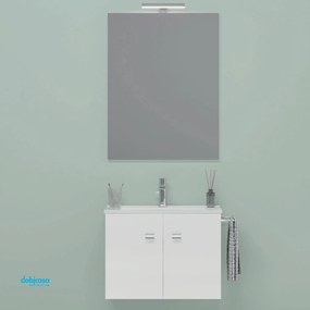 Mobile Bagno Sospeso "Zaffiro" Da 60 Cm Composto Da Due Ante Lavabo E Specchio Con Lampada Led Finitura Bianco Lucido