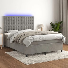 Letto a molle materasso e led grigio chiaro 140x190 cm velluto