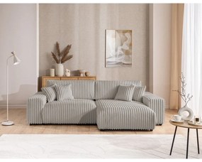 Divano angolare con penisola a destra grigio chiaro e rivestimento in velluto a coste allungabile e con contenitore Sarina – Ropez