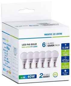 6 PZ Lampada A Led E14 P45 5,5W Bianco Neutro 4000K Forma Bulbo 180 Gradi 220V SKU-2734