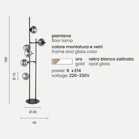 Piantana JEWEL in metallo Oro e diffusore in vetro Bianco H166 cm