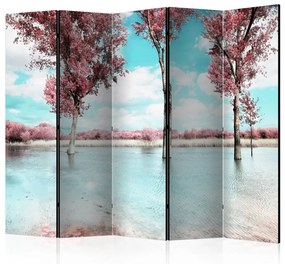 Paravento design Paesaggio autunnale II (5-parti) - alberi rosa in un lago