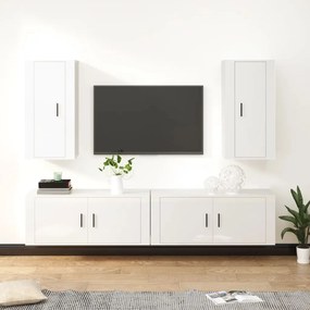 Set Di Mobili Porta Tv 4 Pz Bianco Lucido İn Legno Multistrato /
