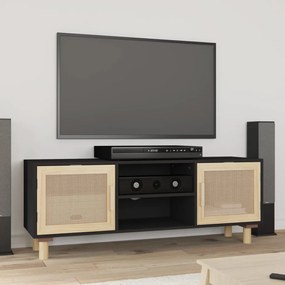 Mobile Tv Nero 105x30x40 Cm Massello Pino E Rattan Naturale /