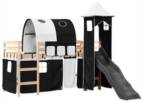 Letto a soppalco con torre bambini bianco e nero 80x200cm pino