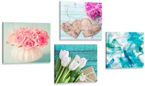 Set di quadri – Natura morta turchese con fiori