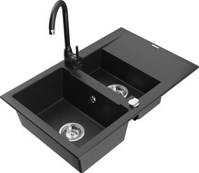 Mexen Gaspar lavello in granito 1,5 vasca con sgocciolatoio e rubinetto Telma, nero - 6507-77-670200-70