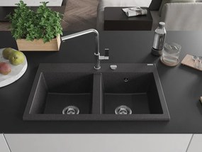 Mexen Hektor lavello da cucina in granito a 2 vasche 800 x 480 mm, nero punteggiato, sifone cromato - 6521802000-76