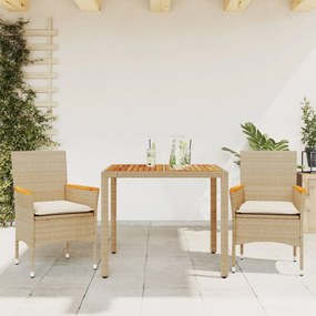 Set Pranzo Da Giardino 3pz Con Cuscini Beige Polyrattan Acacia /