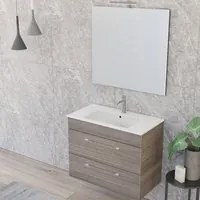 Composizione bagno sospesa Smack a 2 cassetti 80x62 con lavabo, specchio con lampada LED olmo naturale