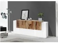 Credenza moderna a 7 ante, Made in Italy, Madia da cucina, Buffet di design da soggiorno, cm 200x45h86, Bianco lucido e Acero