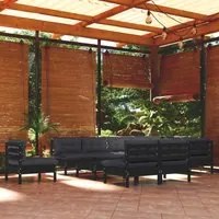 Set Divani da Giardino 11 pz con Cuscini Neri in Legno di Pino 3096765