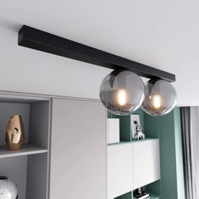 Plafoniera Moderna 2 Luci Giapeto Barra In Acciaio Nero E Sfere Di Vetro Fumè