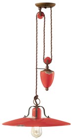 Lampadario Vintage Country Saliscendi Ferro E Ceramica Rosso 1 Luce E27