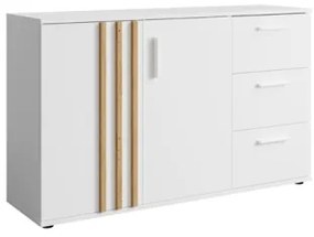 Credenza 120 Cm 2 Ante 3 Cassetti Listelli Rovere Toll Bianco Opaco
