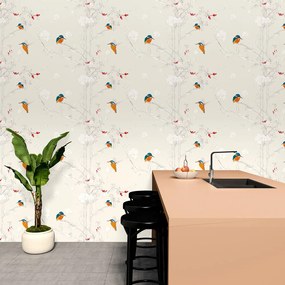 Carta da parati – Uccellini nella foresta fitta con sfondo beige