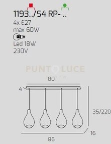 Sosp. bianco 4 luci rettangolare vetri piccoli (1xam+1xbr+1xfu+1xtr...