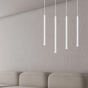 Lampadario 4 Luci Moderno Selter Acciaio Bianco E Paralumi A Cilindri Sottili