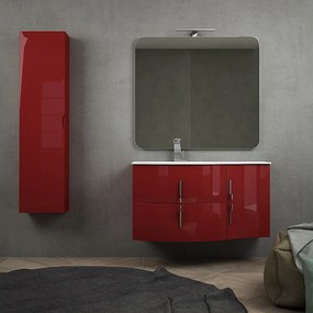 Mobile bagno sospeso rosso lucido 105 cm con specchio filo lucido, colonna da 140 cm e lavabo a sinistra