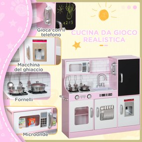 Cucina Giocattolo per Bambini 3-8 Anni con Fornelli Microonde Lavandino in Legno Rosa...