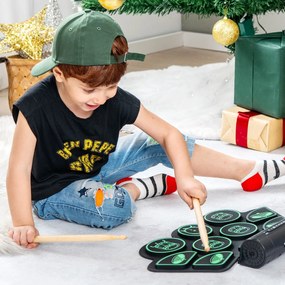 Costway Batteria elettronica drum con altoparlante integrato bacchette in legno pedali, Roll up tamburo per bambini Verde