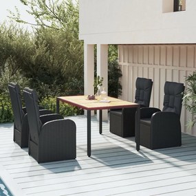 Set da pranzo da giardino 5 pz nero con cuscini in polyrattan