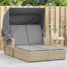 Lettino Doppio Con Baldacchino E Cuscini Beige Misto Polyrattan /