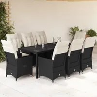 Set da Pranzo da Giardino 9 pz con Cuscini Nero in Polyrattan 3276699