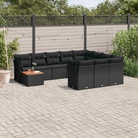 Set divani da giardino 11 pz con cuscini in polyrattan nero