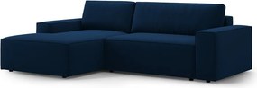 Divano angolare blu scuro allungabile/con contenitore (con penisola a sinistra/con chaise lounge) con rivestimento in velluto Jodie – Micadoni