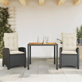 Set da Pranzo da Giardino 3 pz con Cuscini Nero in Polyrattan